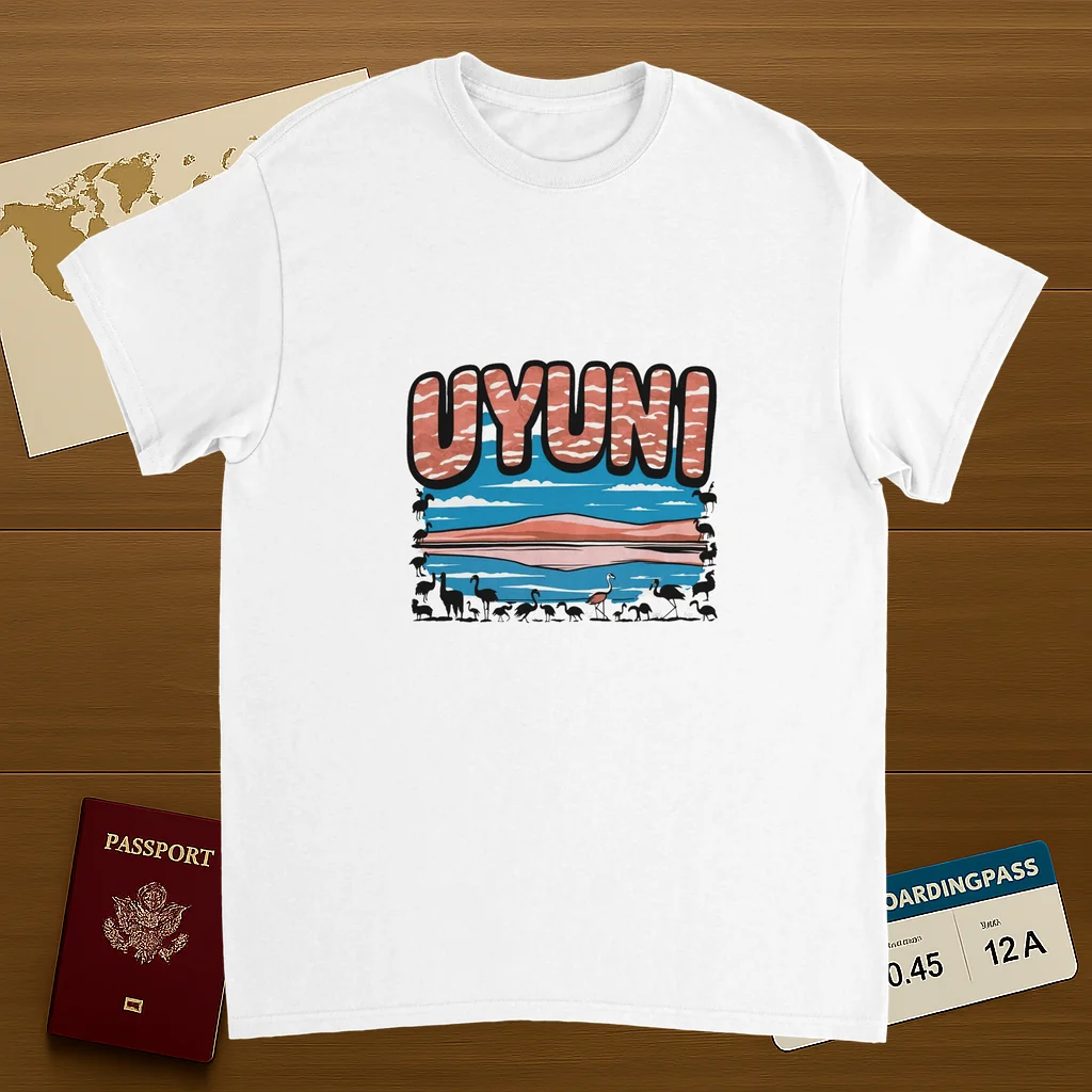 white Uyuni Bolivia Unisex Travel T-Shirt on wooden background with world map, passport, and boarding pass