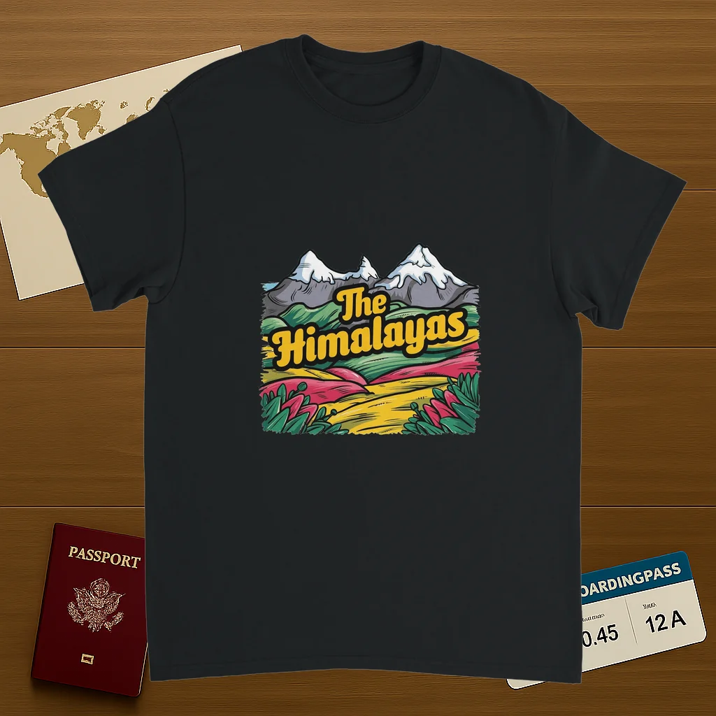 black Himalayas Unisex Travel T-Shirt on wooden background with world map, passport, and boarding pass