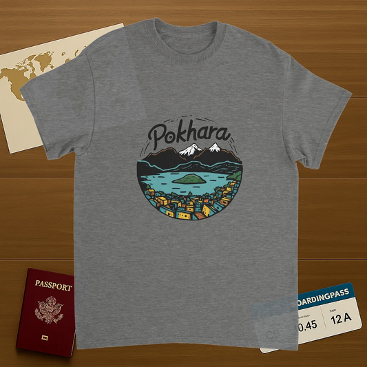 sport grey Pokhara Nepal Unisex Travel T-Shirt on wooden background with world map, passport, and boarding pass