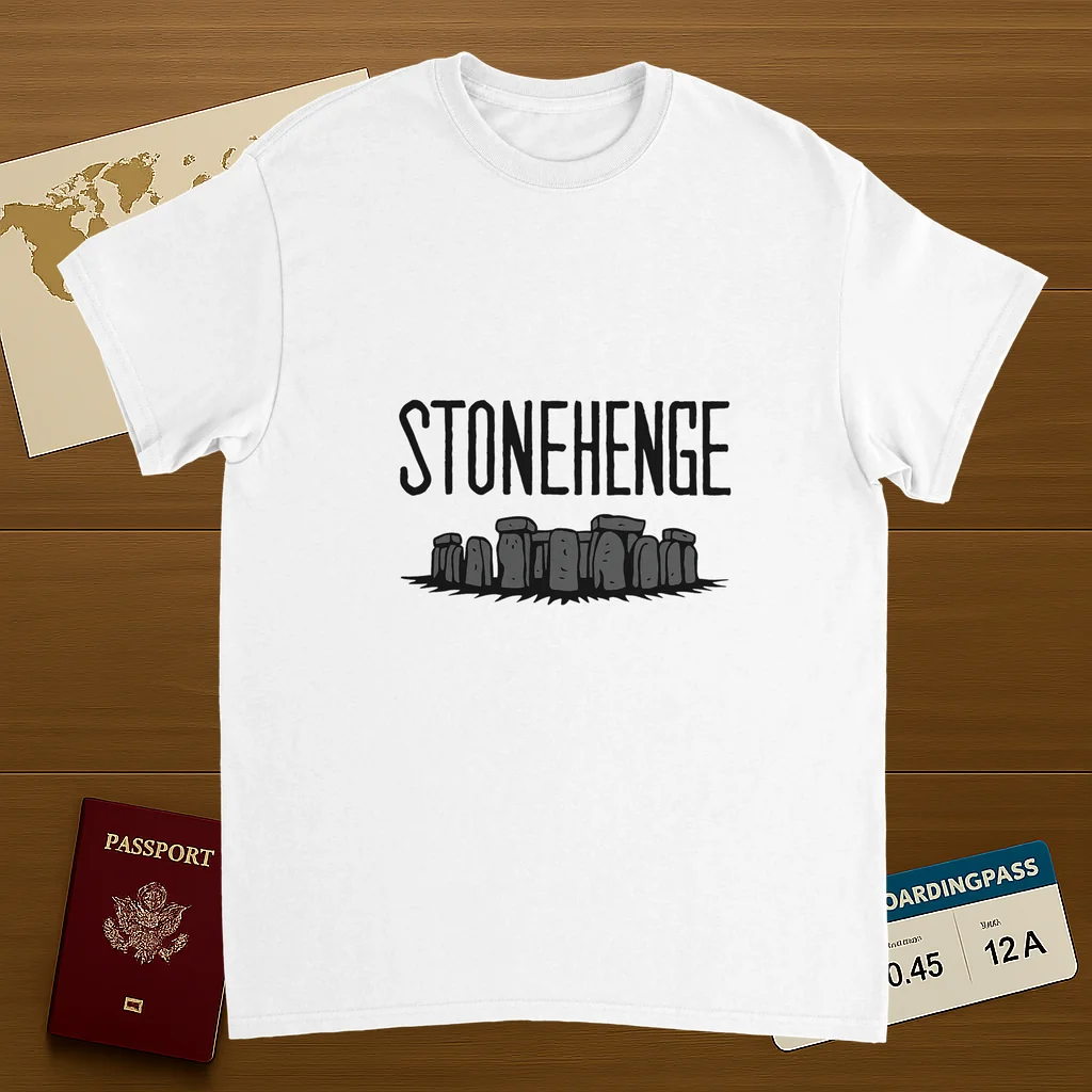 white Stonehenge England Unisex Travel T-Shirt on wooden background with world map, passport, and boarding pass
