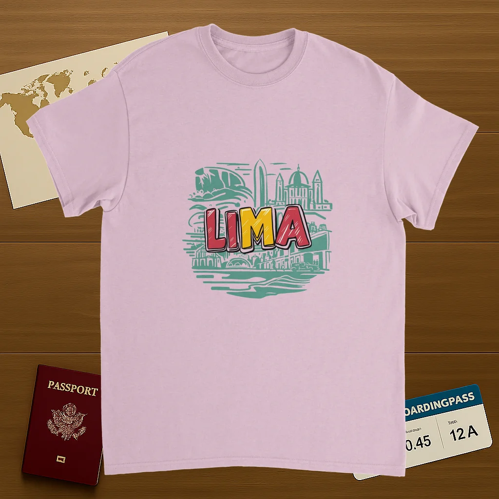light pink Lima Peru Unisex Travel T-Shirt on wooden background with world map, passport, and boarding pass