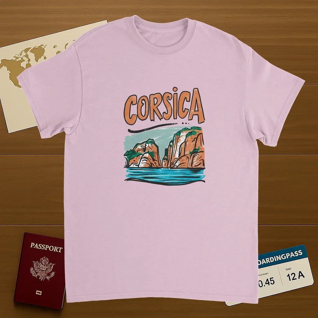 light pink Corsica Unisex Travel T-Shirt on wooden background with world map, passport, and boarding pass