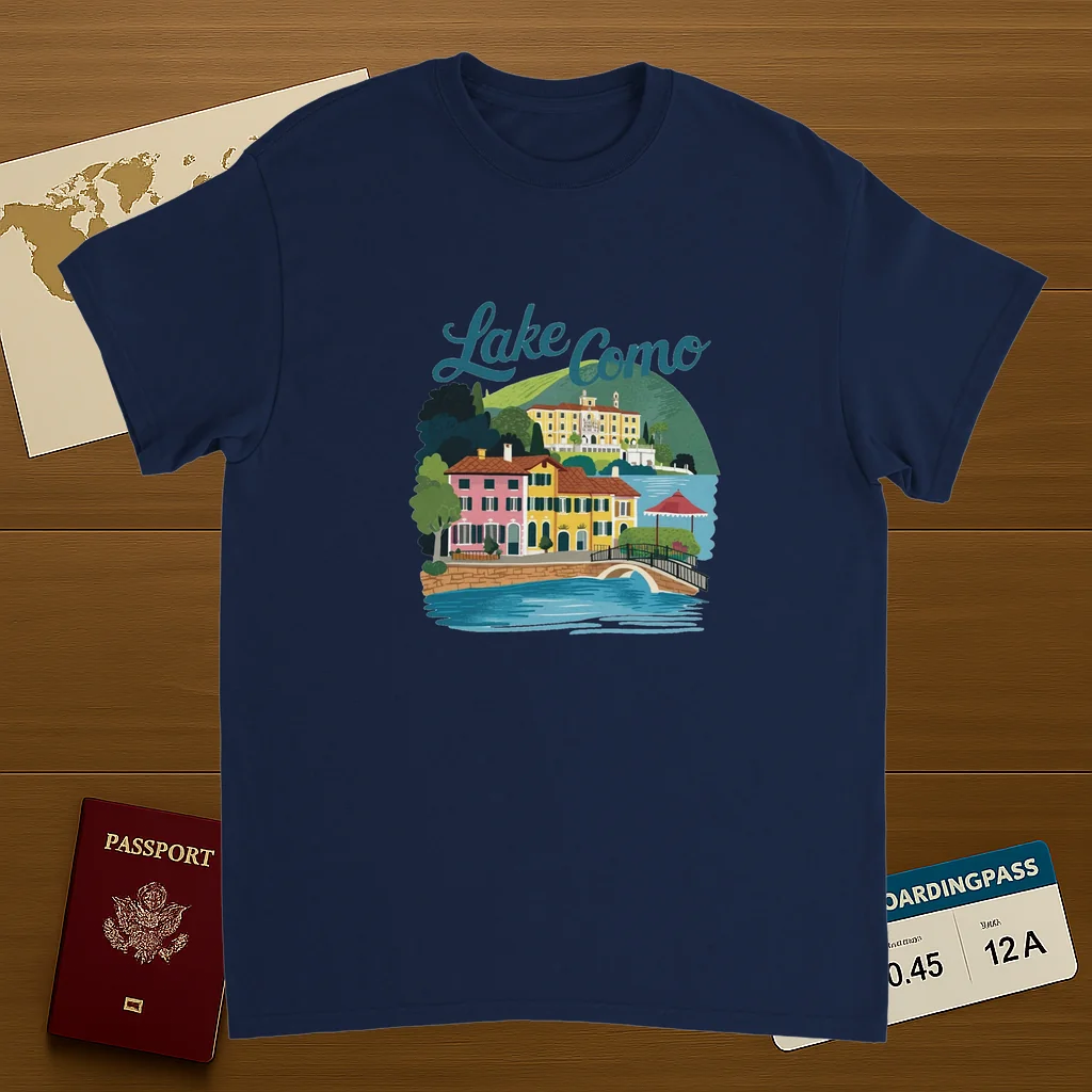 navy Lake Como Italy Unisex Travel T-Shirt on wooden background with world map, passport, and boarding pass