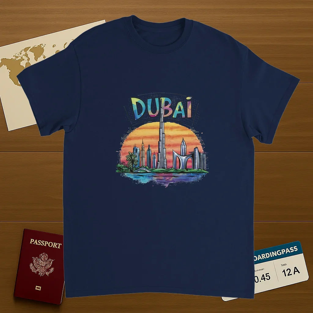 navy Dubai Unisex Travel T-Shirt on wooden background with world map, passport, and boarding pass