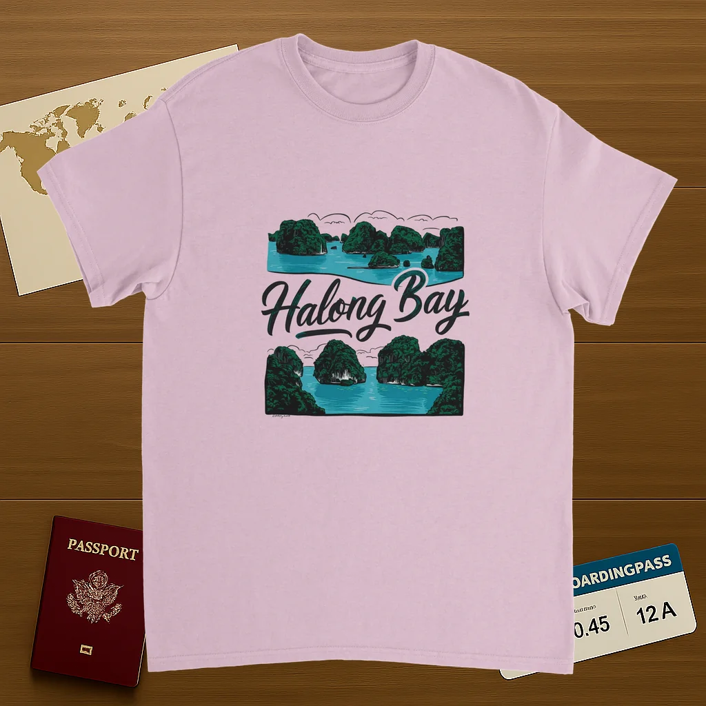 light pink Halong Bay Vietnam Unisex Travel T-Shirt on wooden background with world map, passport, and boarding pass