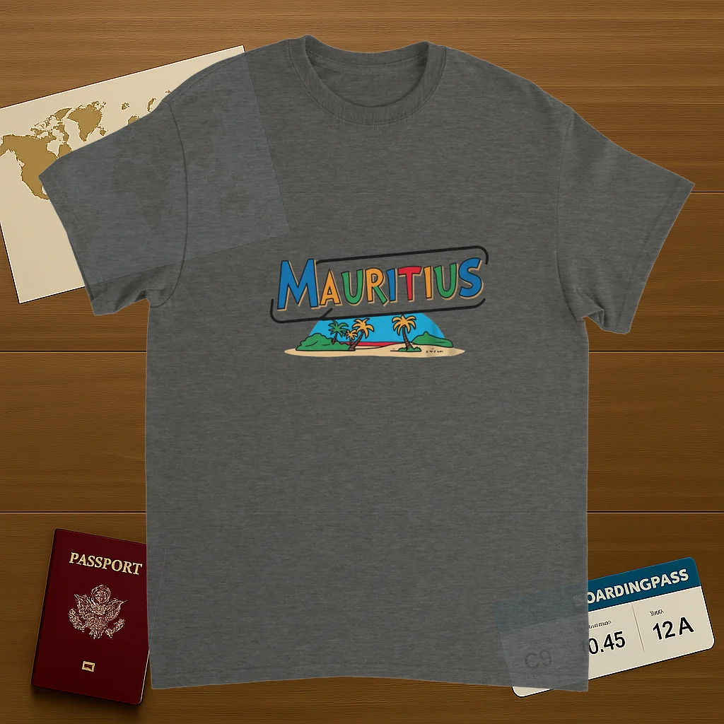 Mauritius Unisex Travel T-Shirt on wooden background with world map, passport, and boarding pass