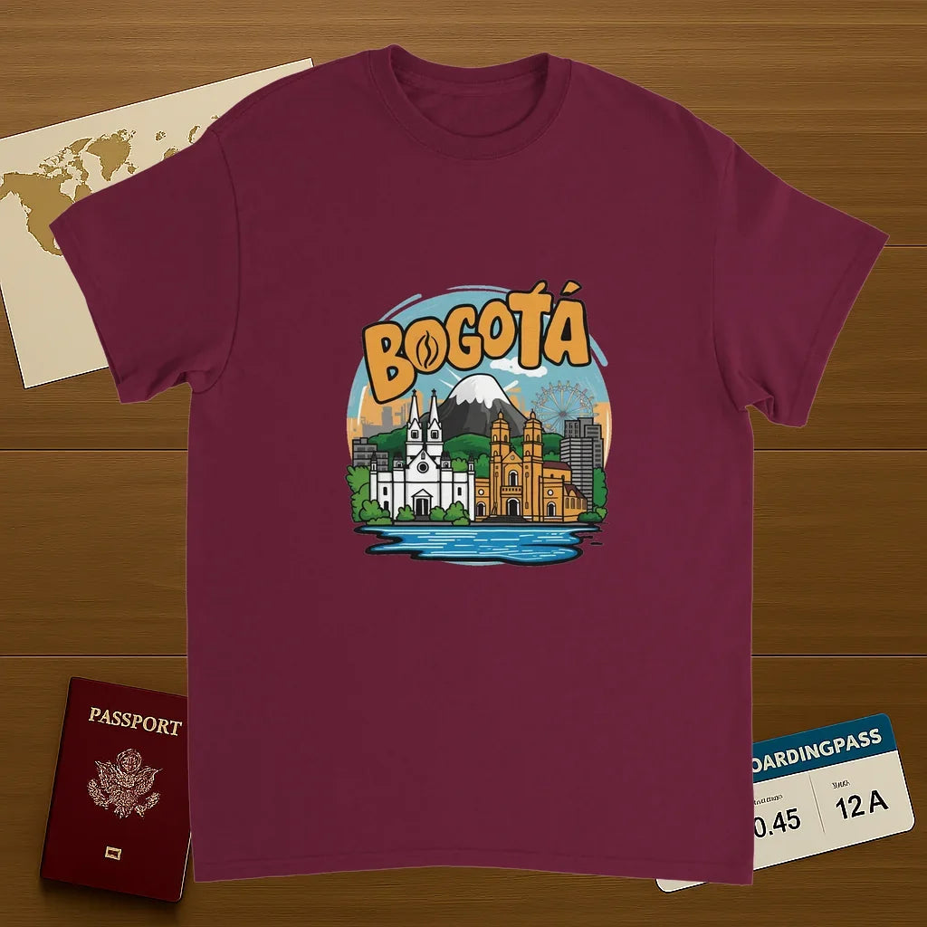 Bogotá Colombia Unisex Travel T-Shirt on wooden background with world map, passport, and boarding pass