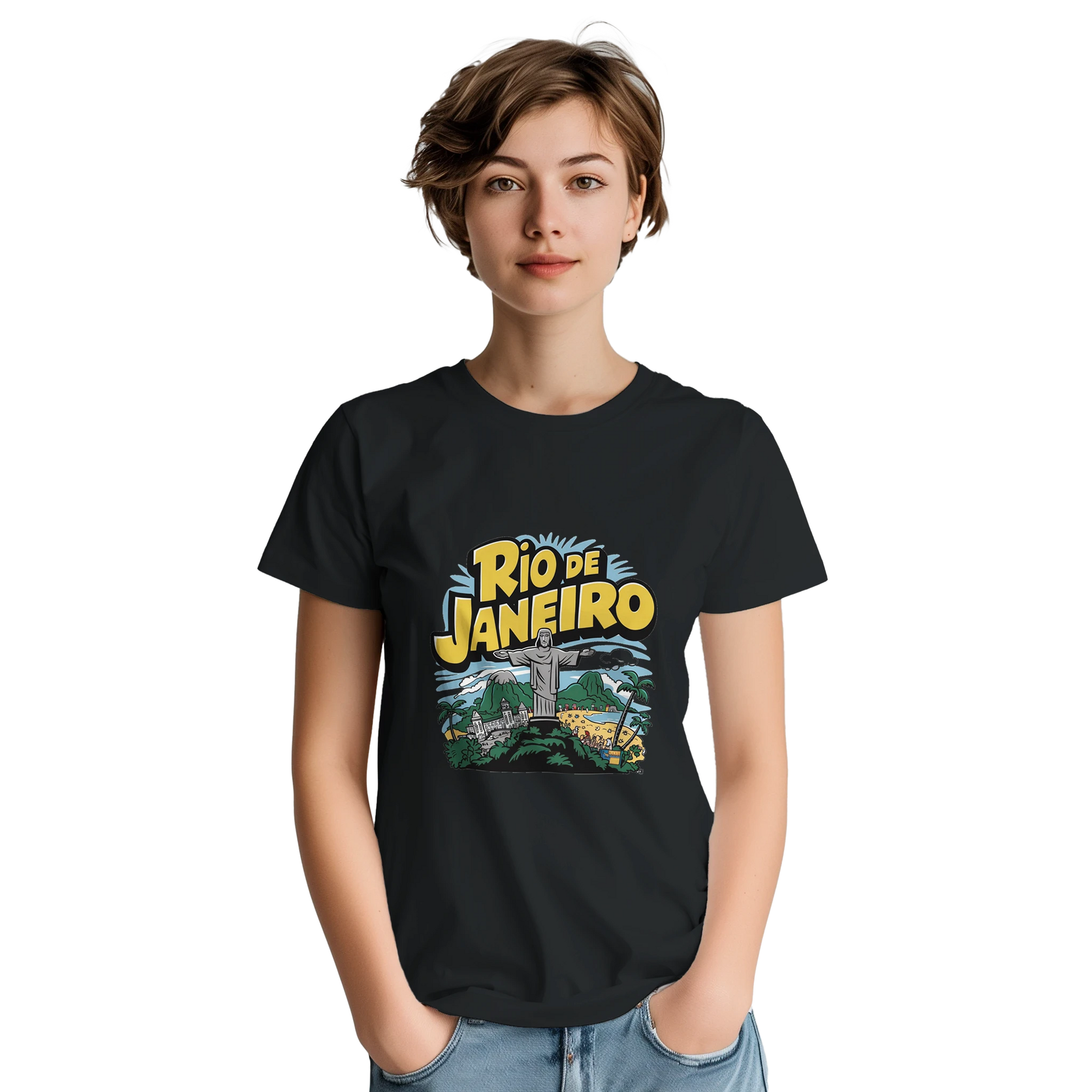 Rio de Janeiro Brazil Unisex Travel T-Shirt on wooden background with world map, passport, and boarding pass