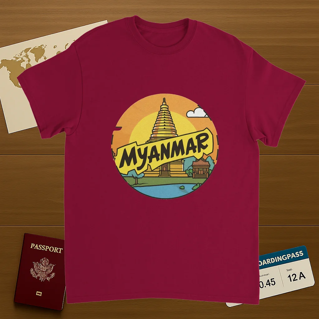 cardinal red Myanmar Unisex Travel T-Shirt on wooden background with world map, passport, and boarding pass