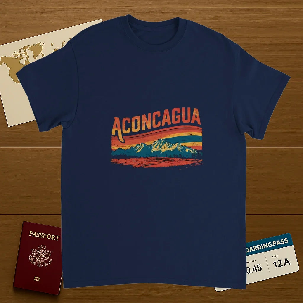 navy Aconcagua Argentina Unisex Travel T-Shirt on wooden background with world map, passport, and boarding pass