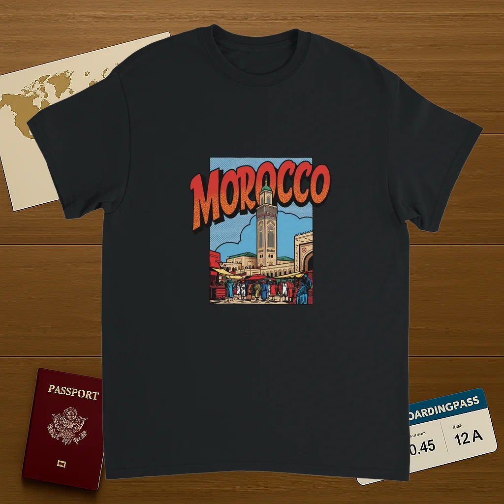 black Morocco Unisex Travel T-Shirt on wooden background with world map, passport, and boarding pass