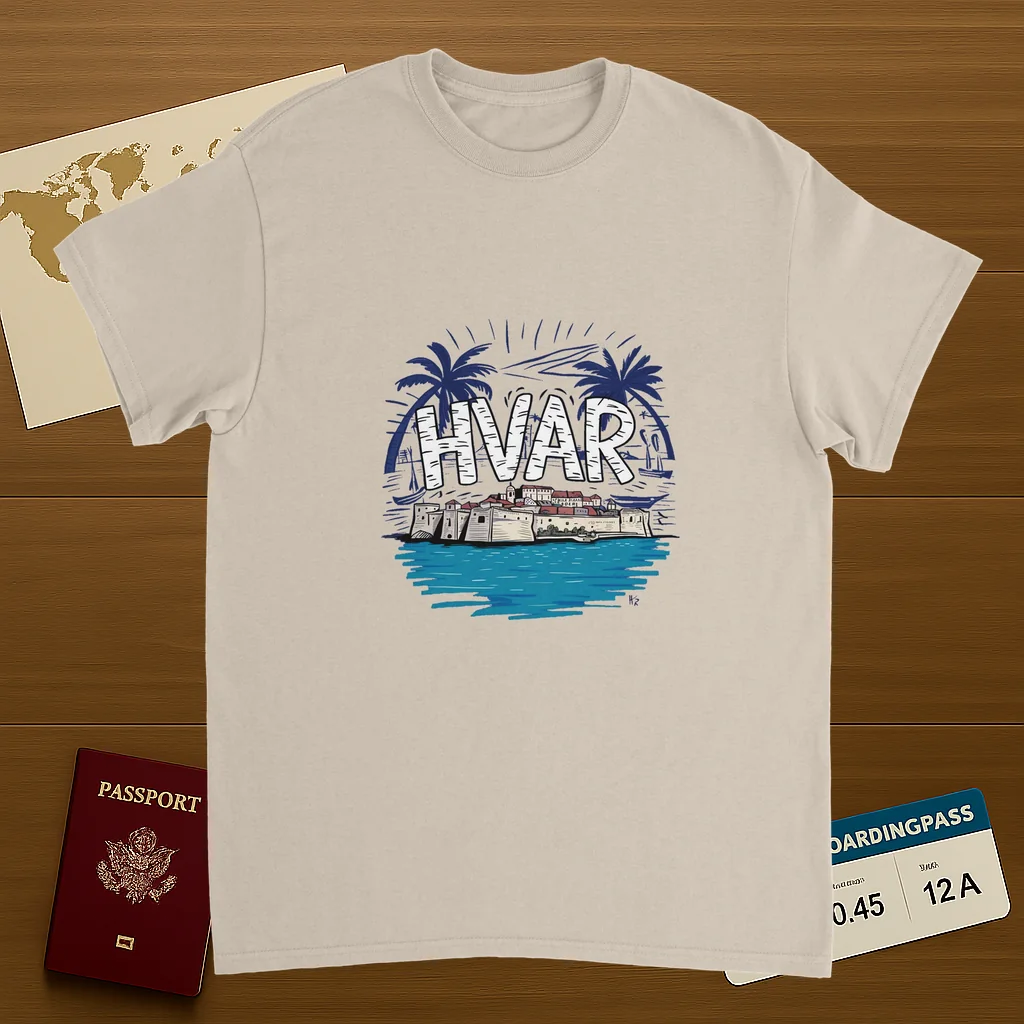 Hvar Croatia Unisex Travel T-Shirt on wooden background with world map, passport, and boarding pass