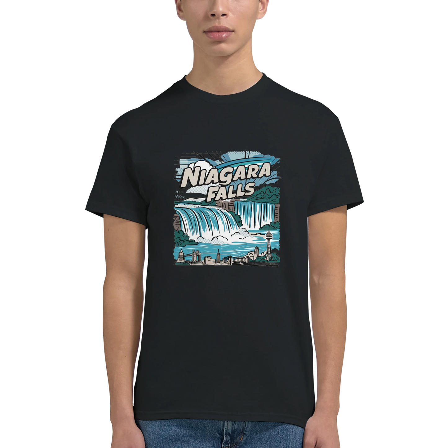 Niagara Falls Unisex Travel T-Shirt on wooden background with world map, passport, and boarding pass