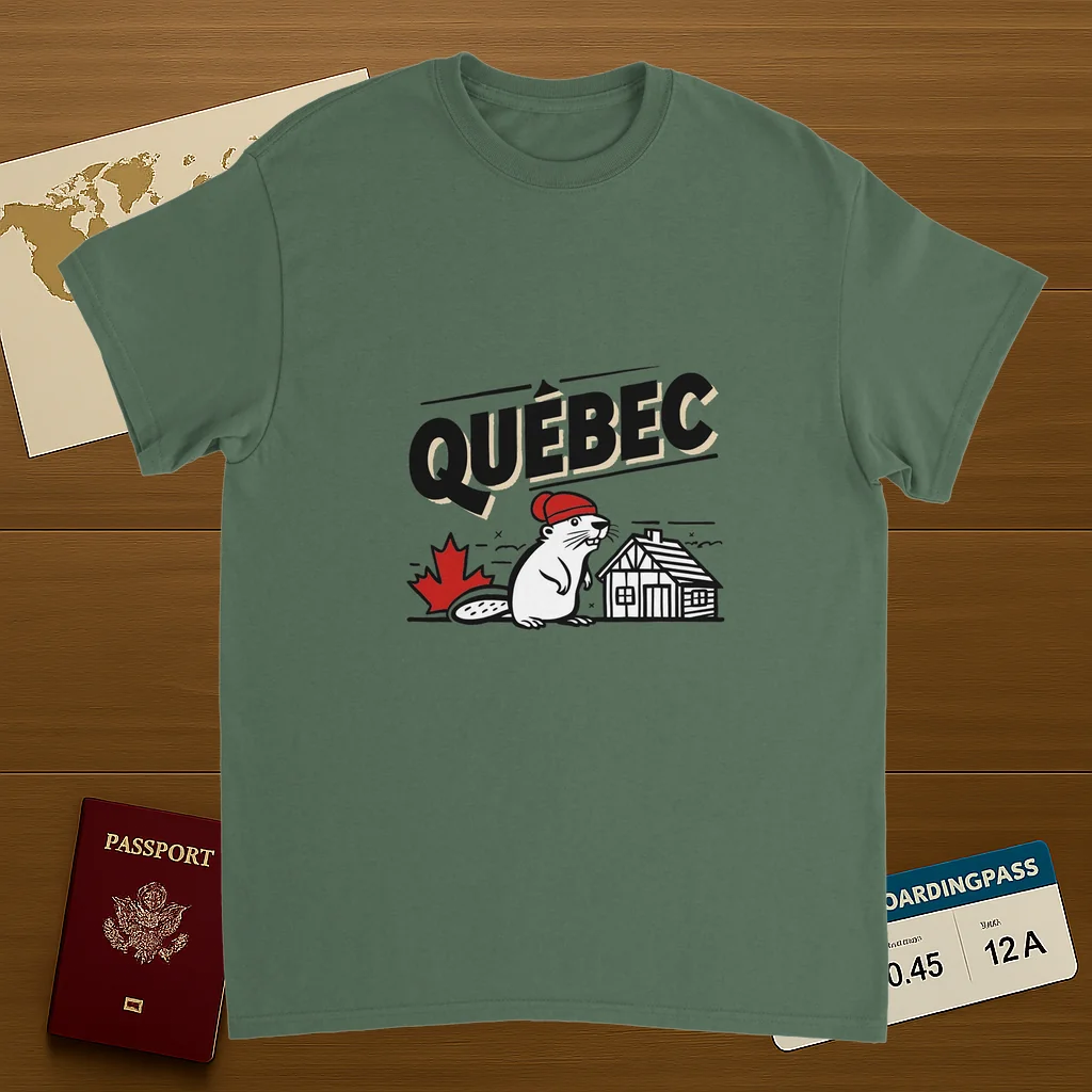 military green Quebec Canada Unisex Travel T-Shirt on wooden background with world map, passport, and boarding pass
