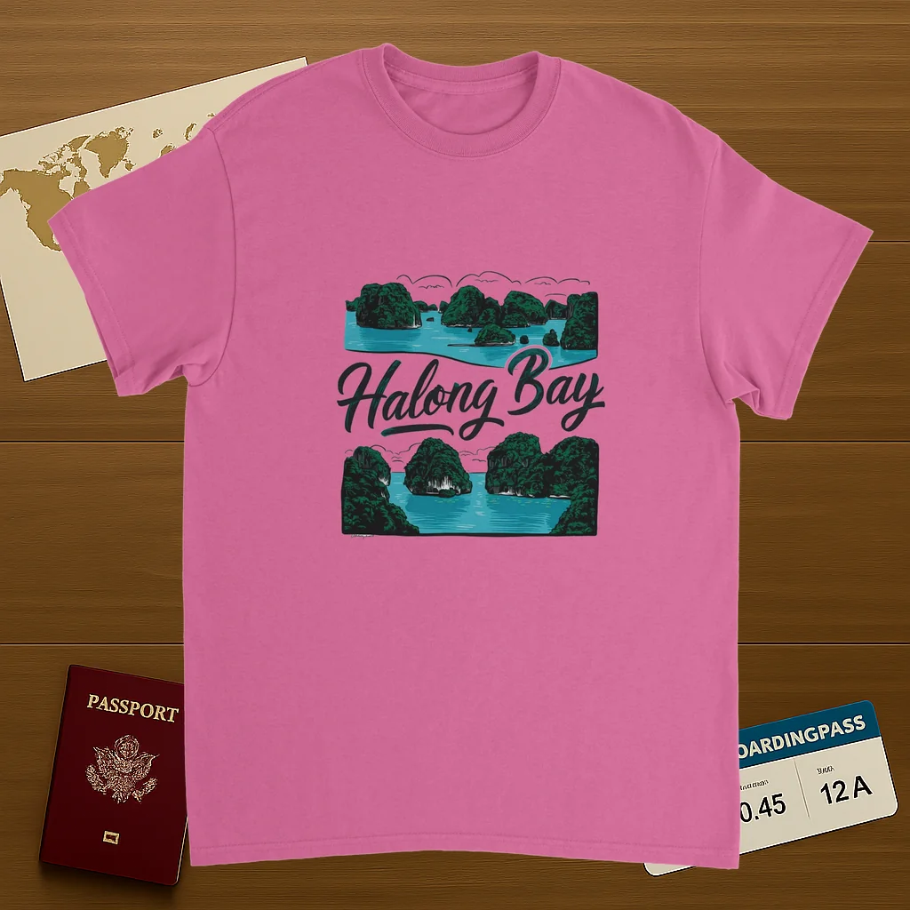 Halong Bay Vietnam Unisex Travel T-Shirt on wooden background with world map, passport, and boarding pass
