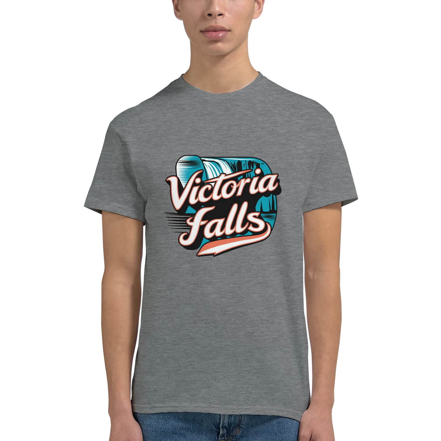 Victoria Falls Unisex Travel T-Shirt featuring a man