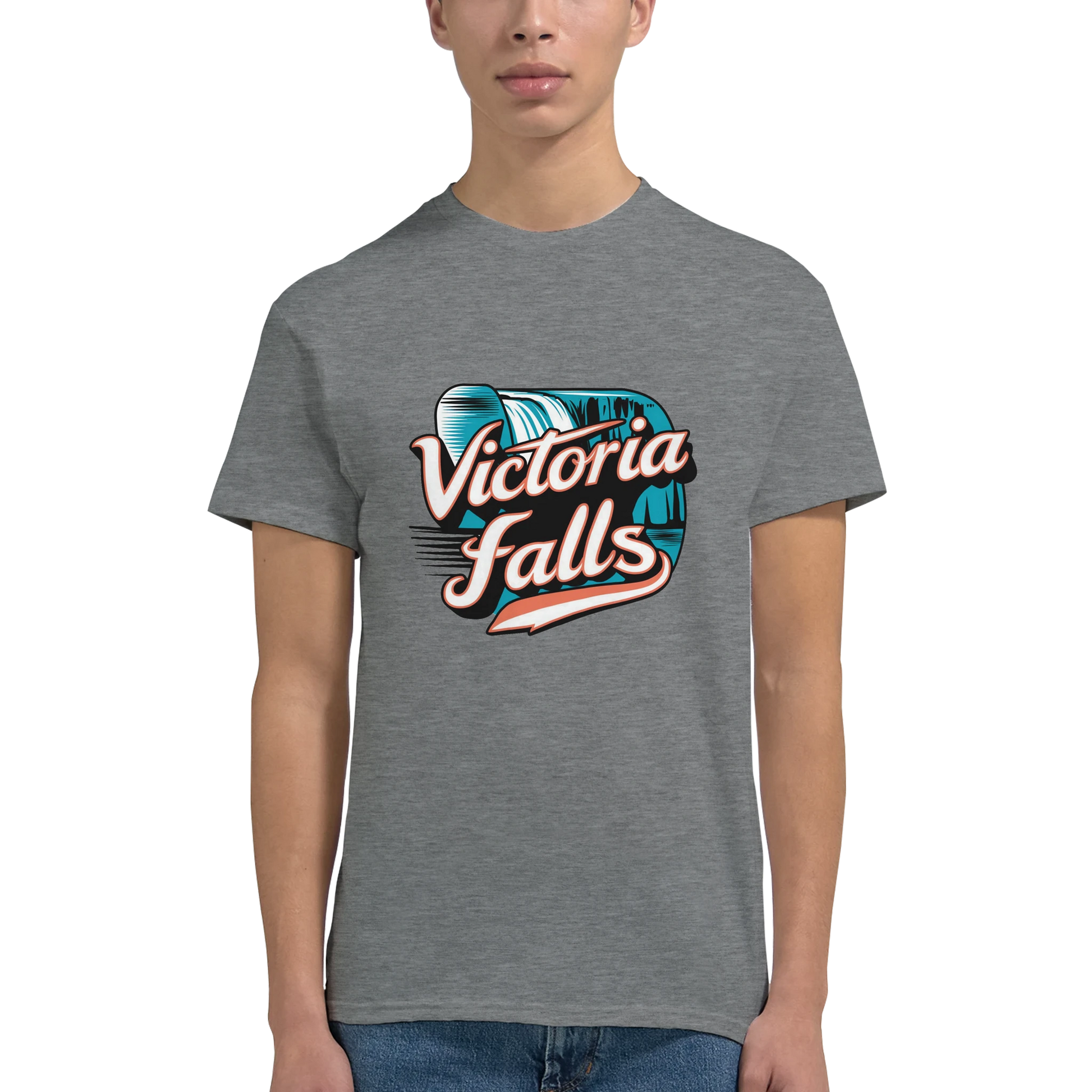 Victoria Falls Unisex Travel T-Shirt featuring a man
