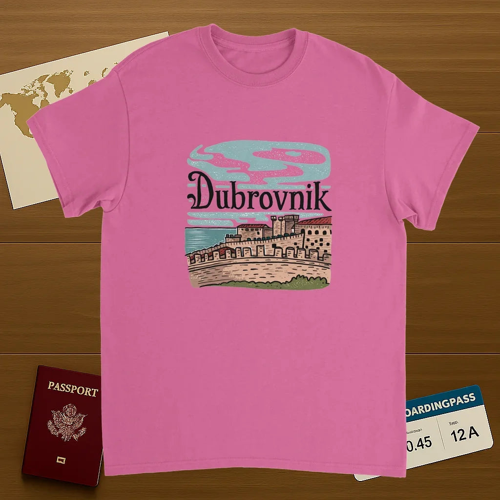 Dubrovnik Croatia Unisex Travel T-Shirt on wooden background with world map, passport, and boarding pass