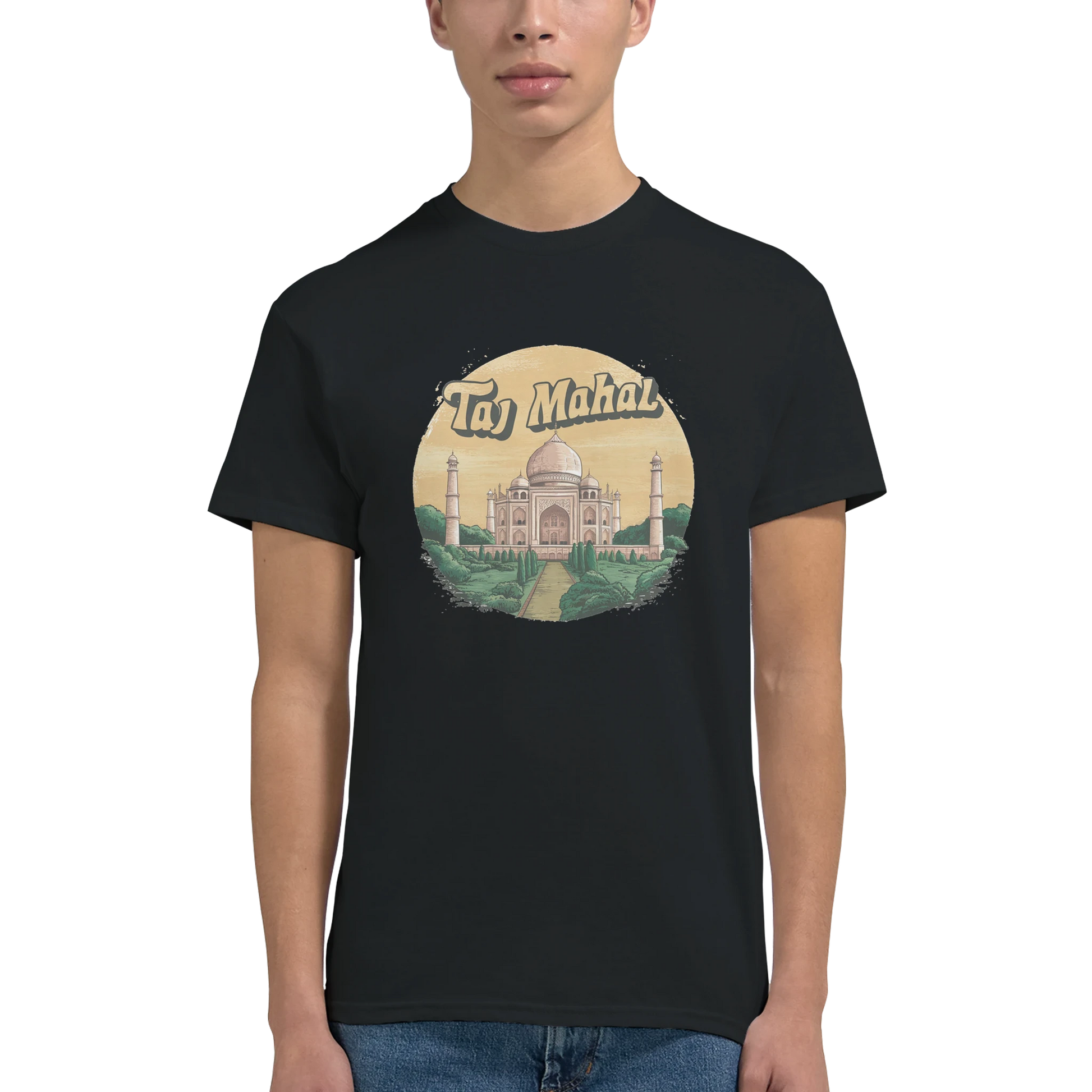 Taj Mahal Agra India Unisex Travel T-Shirt featuring a man