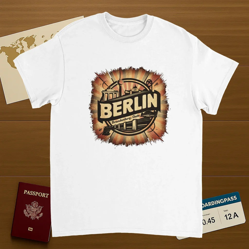 white Berlin Germany Unisex Travel T-Shirt on wooden background with world map, passport, and boarding pass