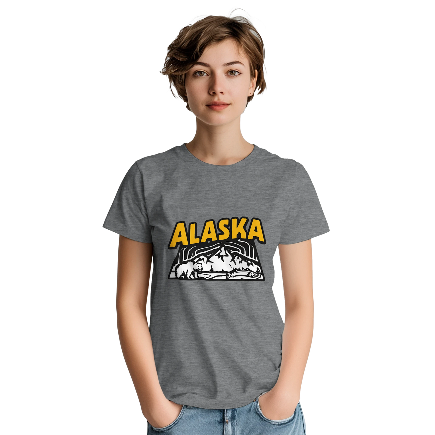 Alaska USA Unisex Travel T-Shirt on wooden background with world map, passport, and boarding pass