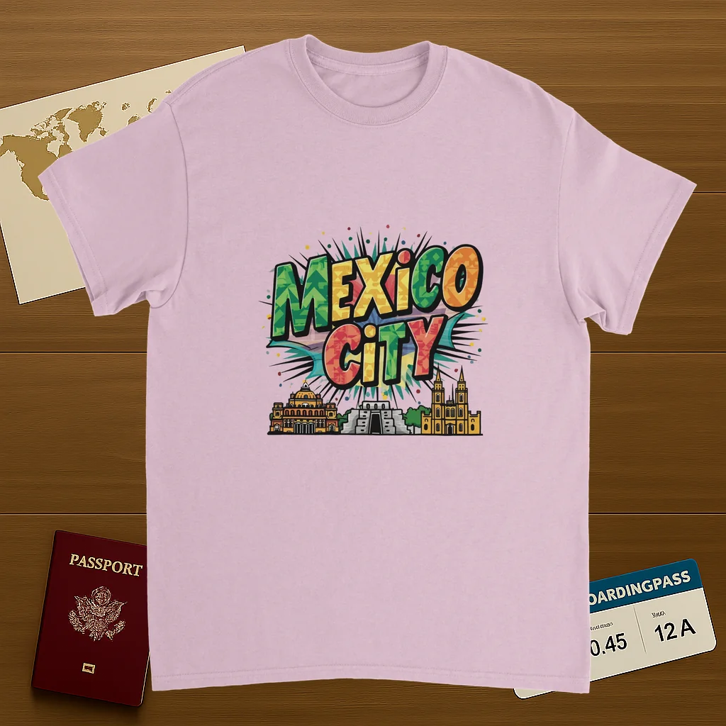 light pink Mexico City Unisex Travel T-Shirt on wooden background with world map, passport, and boarding pass