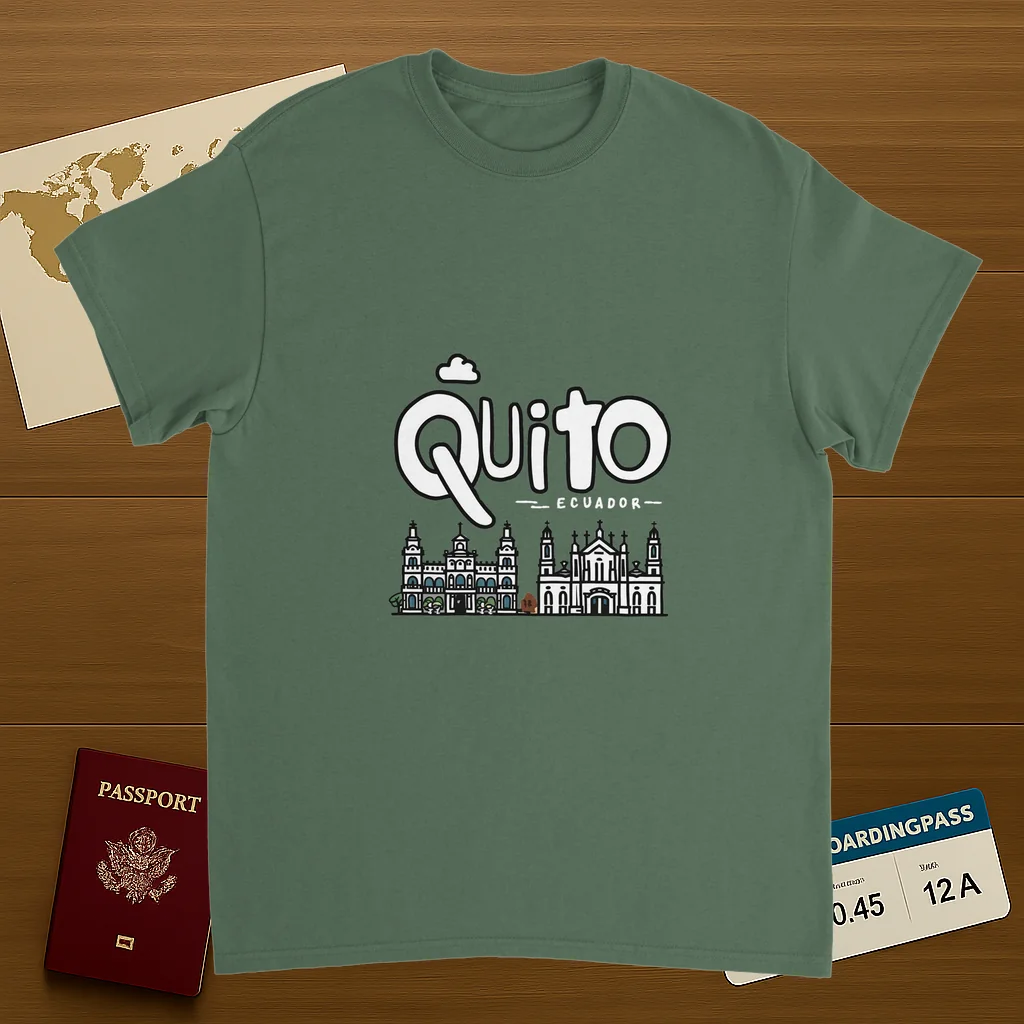 military green Quito Ecuador Unisex Travel T-Shirt on wooden background with world map, passport, and boarding pass