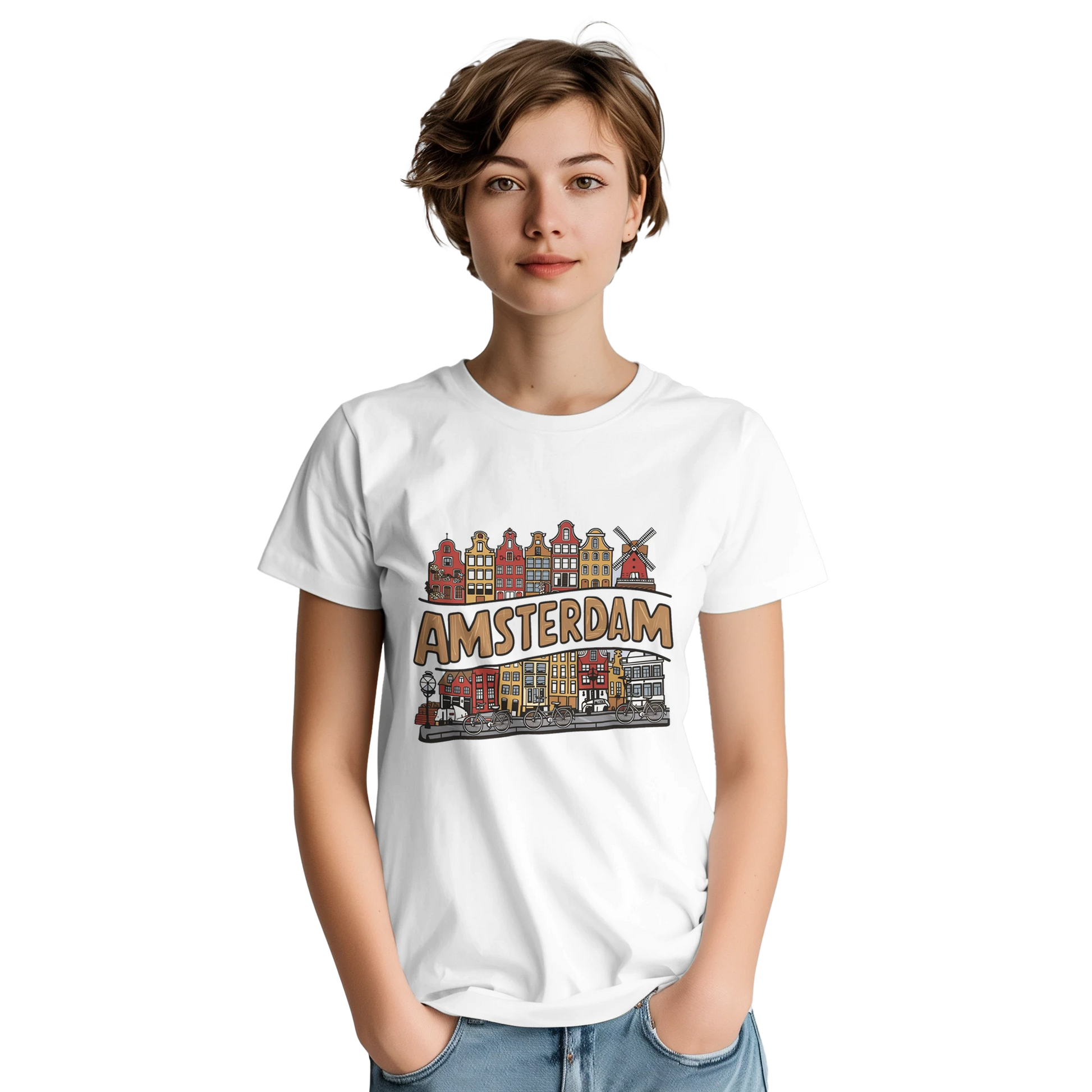 Amsterdam Netherlands Unisex Travel T-Shirt on wooden background with world map, passport, and boarding pass