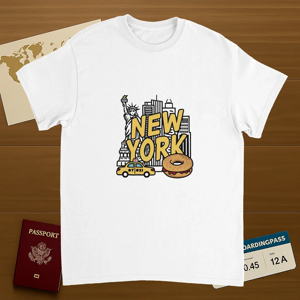 white New York USA Unisex Travel T-Shirt on wooden background with world map, passport, and boarding pass