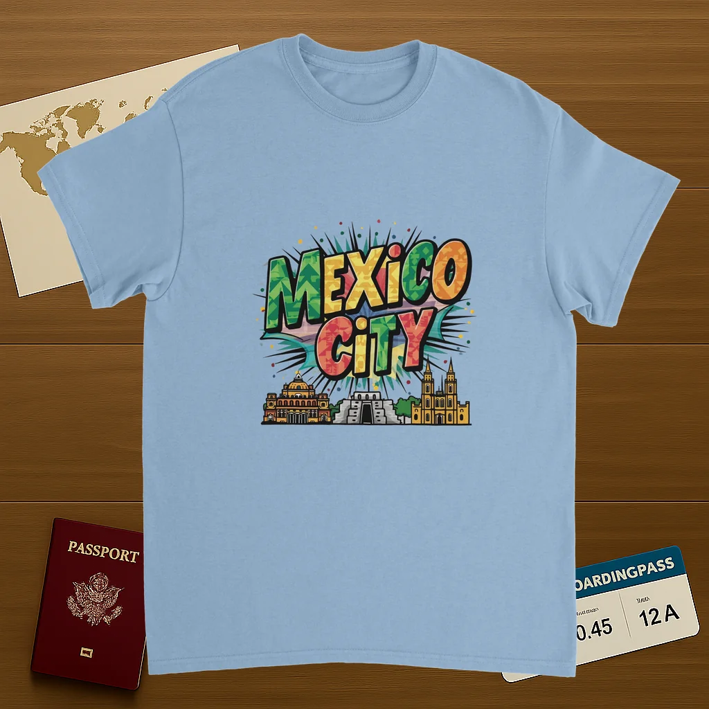 light blue Mexico City Unisex Travel T-Shirt on wooden background with world map, passport, and boarding pass