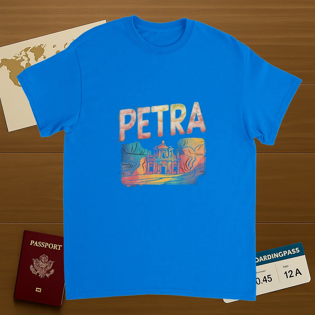 royal blue Petra Jordan Unisex Travel T-Shirt on wooden background with world map, passport, and boarding pass