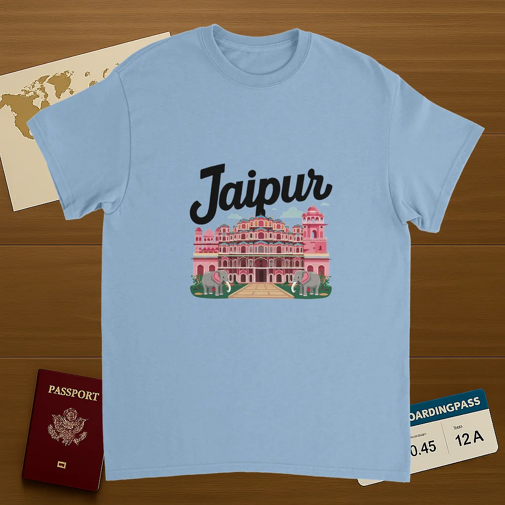 light blue Jaipur India Unisex Travel T-Shirt on wooden background with world map, passport, and boarding pass
