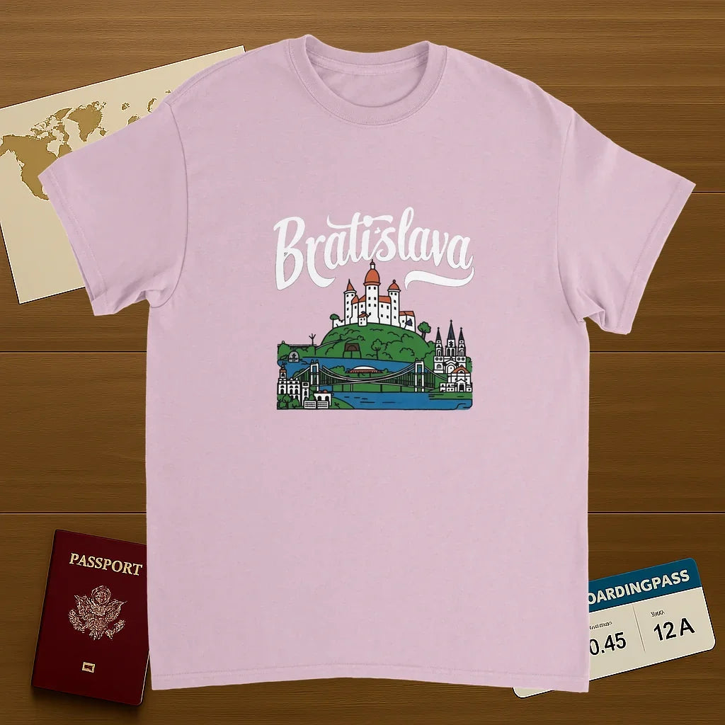 light pink Bratislava Slovakia Unisex Travel T-Shirt on wooden background with world map, passport, and boarding pass
