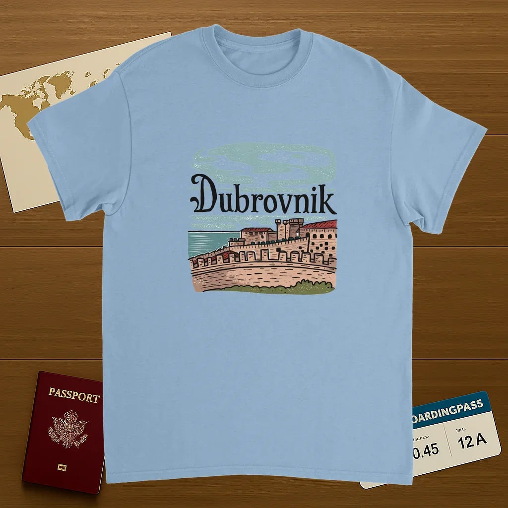 light blue Dubrovnik Croatia Unisex Travel T-Shirt on wooden background with world map, passport, and boarding pass
