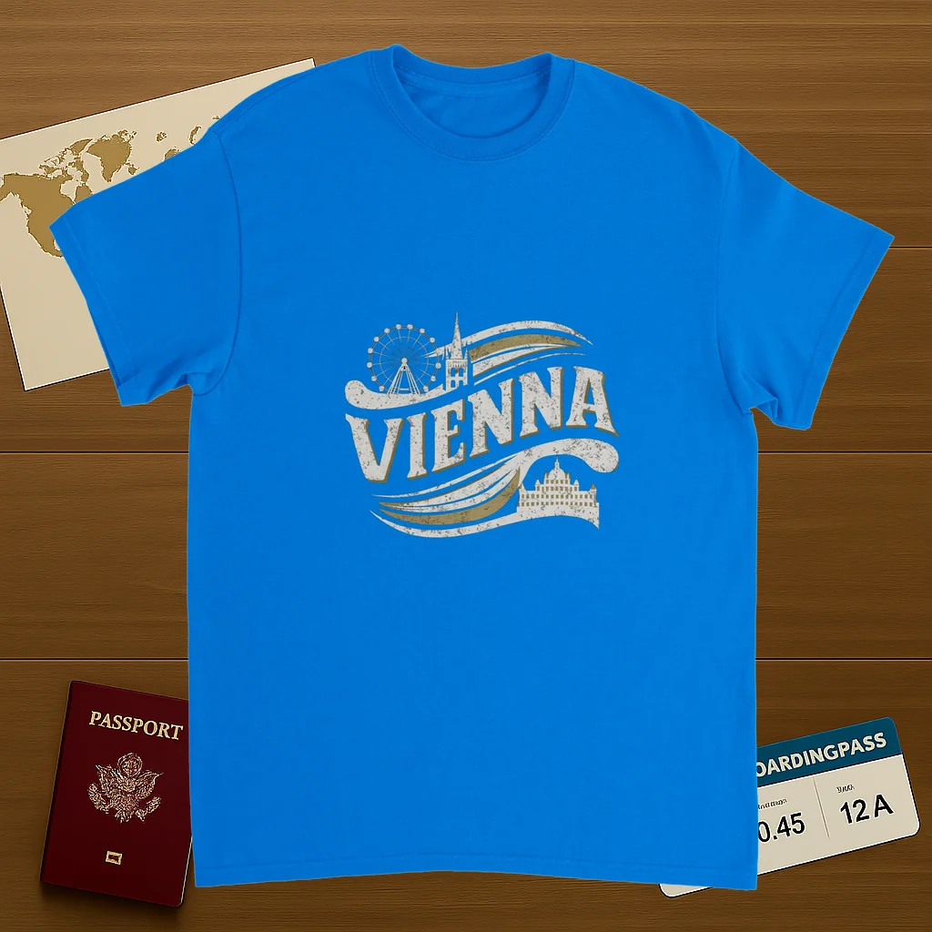 royal blue Vienna Austria Unisex Travel T-Shirt on wooden background with world map, passport, and boarding pass