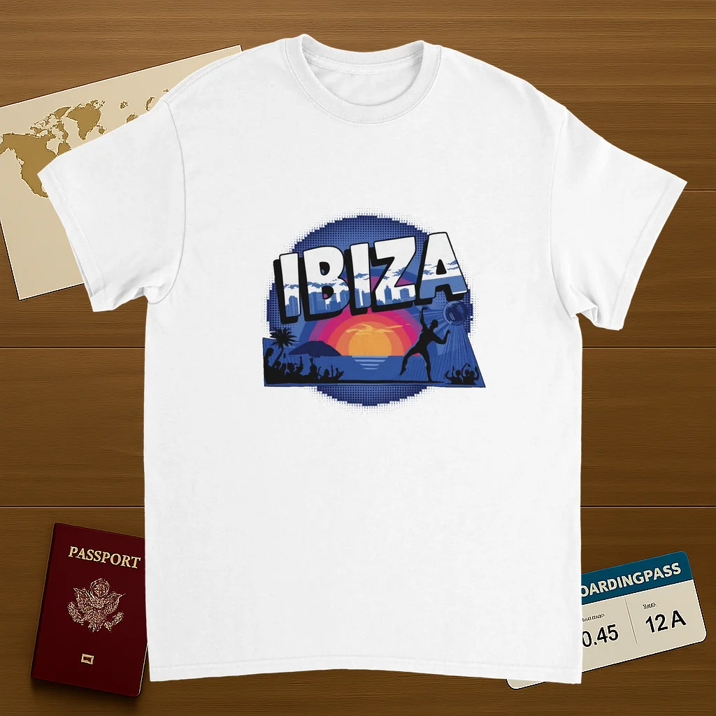 white Ibiza Unisex Travel T-Shirt on wooden background with world map, passport, and boarding pass