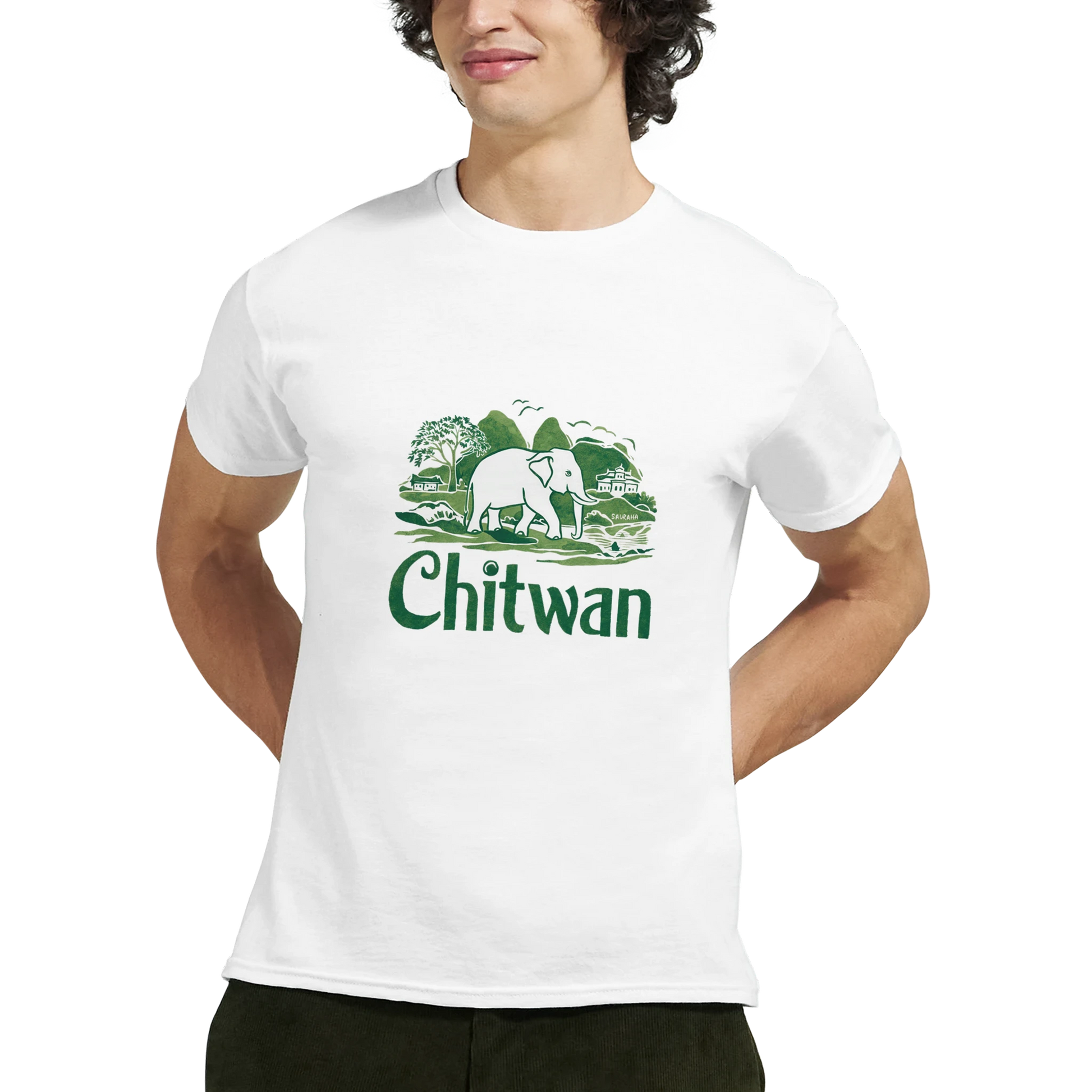 Chitwan Nepal Unisex Travel T-Shirt featuring a man