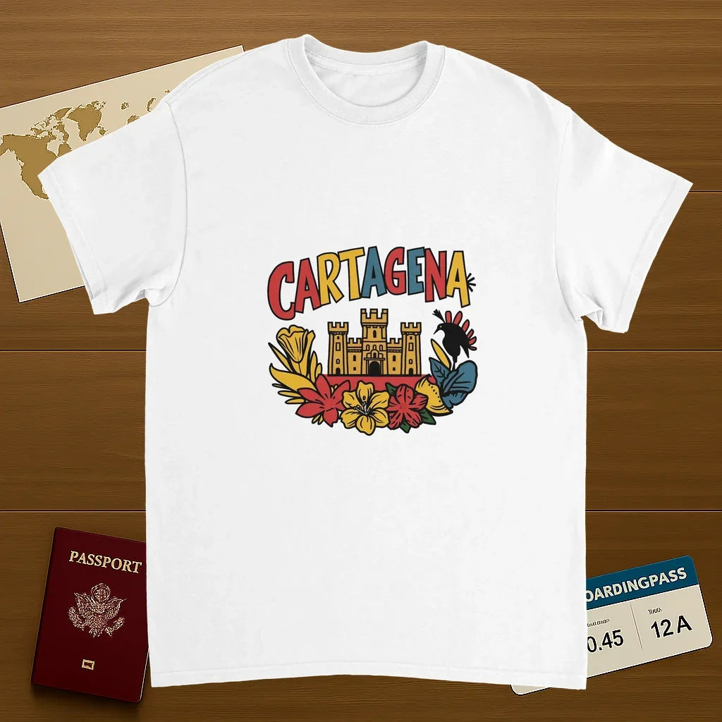 white Cartagena Colombia Unisex Travel T-Shirt on wooden background with world map, passport, and boarding pass