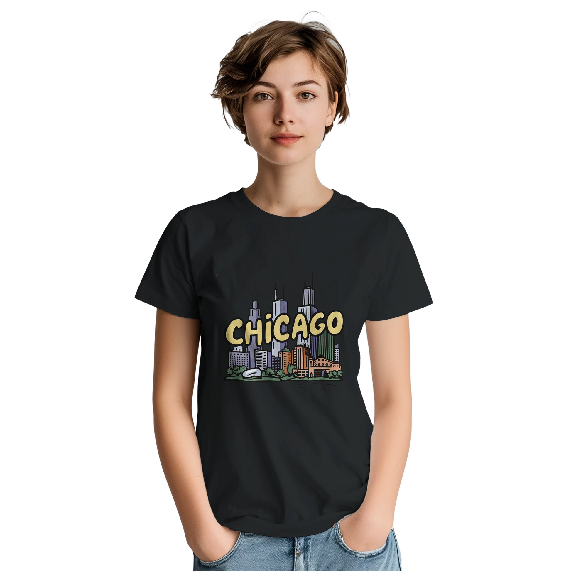 Chicago USA Unisex Travel T-Shirt on wooden background with world map, passport, and boarding pass