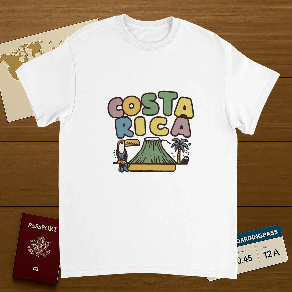 white Costa Rica Unisex Travel T-Shirt on wooden background with world map, passport, and boarding pass