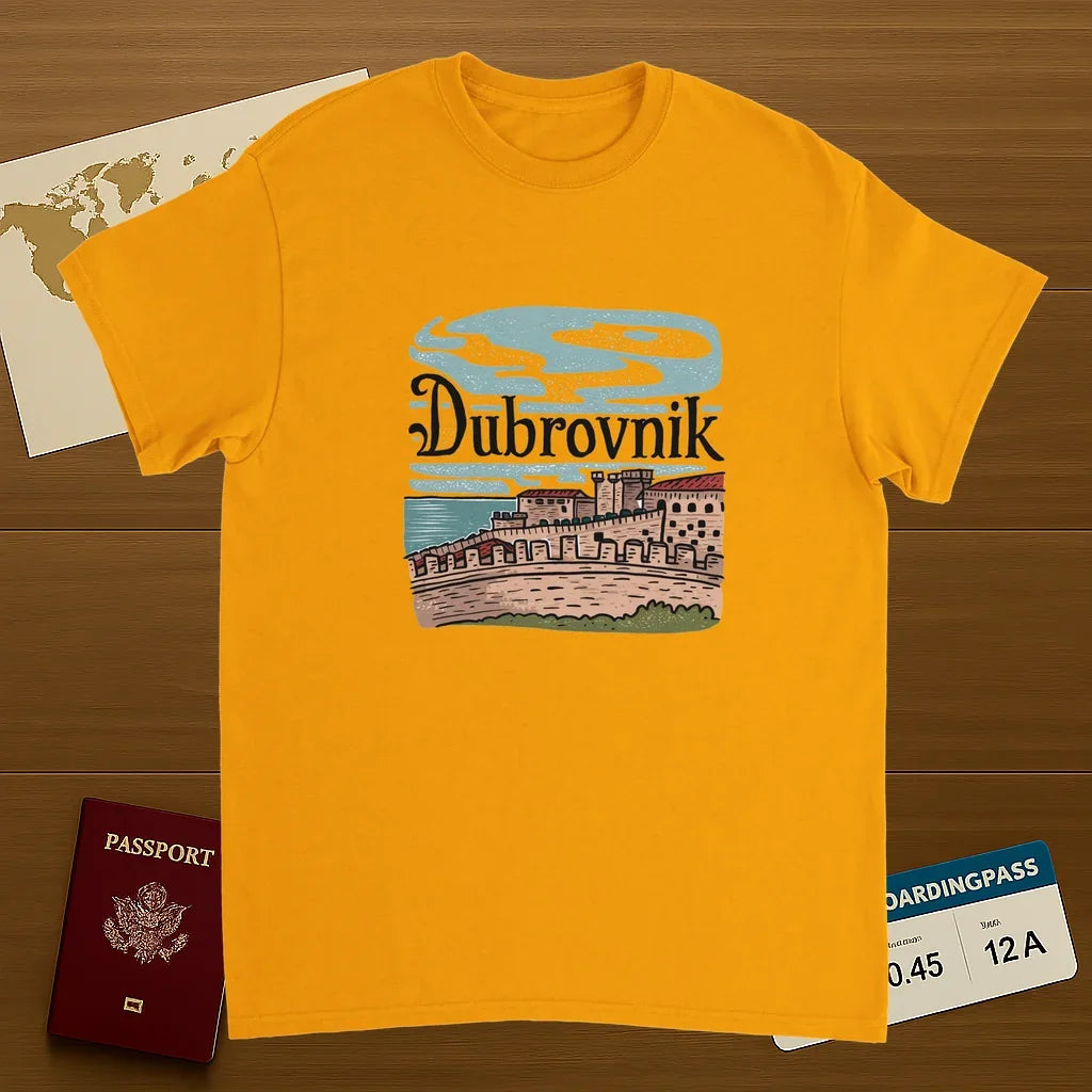 gold Dubrovnik Croatia Unisex Travel T-Shirt on wooden background with world map, passport, and boarding pass