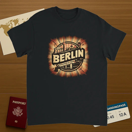 black Berlin Germany Unisex Travel T-Shirt featuring a man