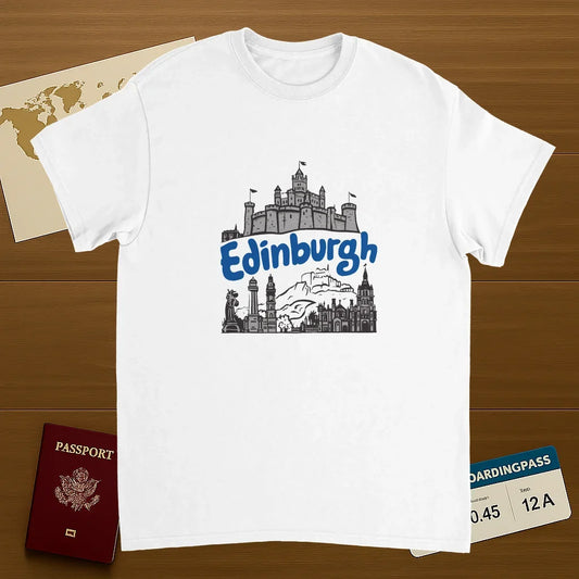 white Edinburgh Scotland Unisex Travel T-Shirt on wooden background with world map, passport, and boarding pass