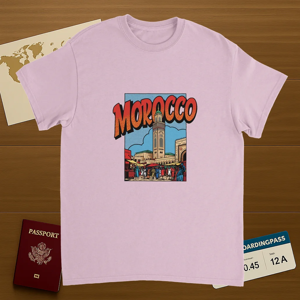 light pink Morocco Unisex Travel T-Shirt on wooden background with world map, passport, and boarding pass