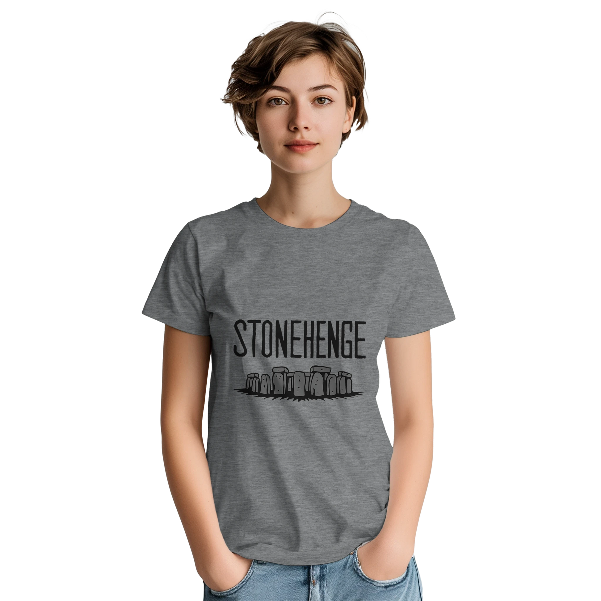 Stonehenge England Unisex Travel T-Shirt on wooden background with world map, passport, and boarding pass