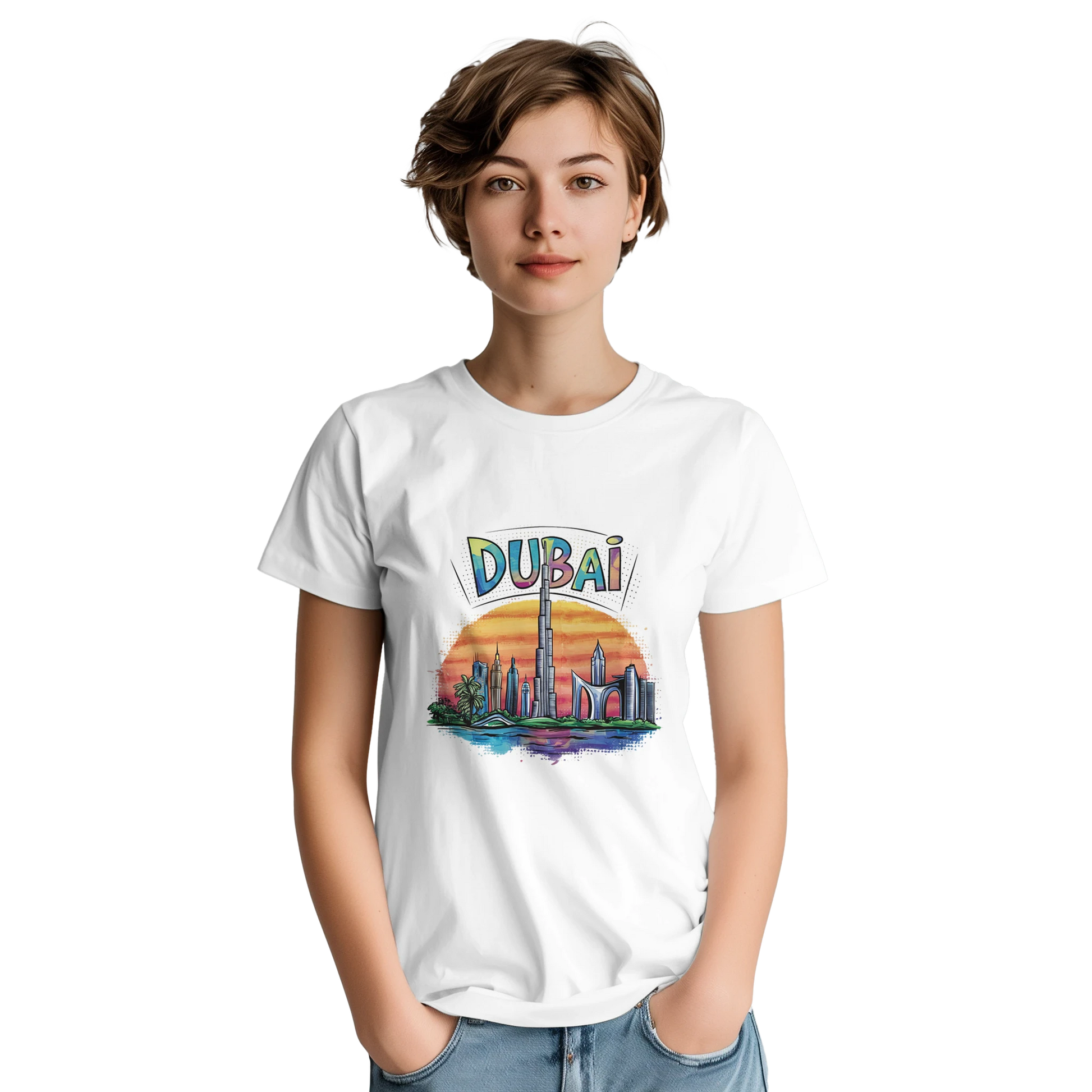 Dubai Unisex Travel T-Shirt on wooden background with world map, passport, and boarding pass