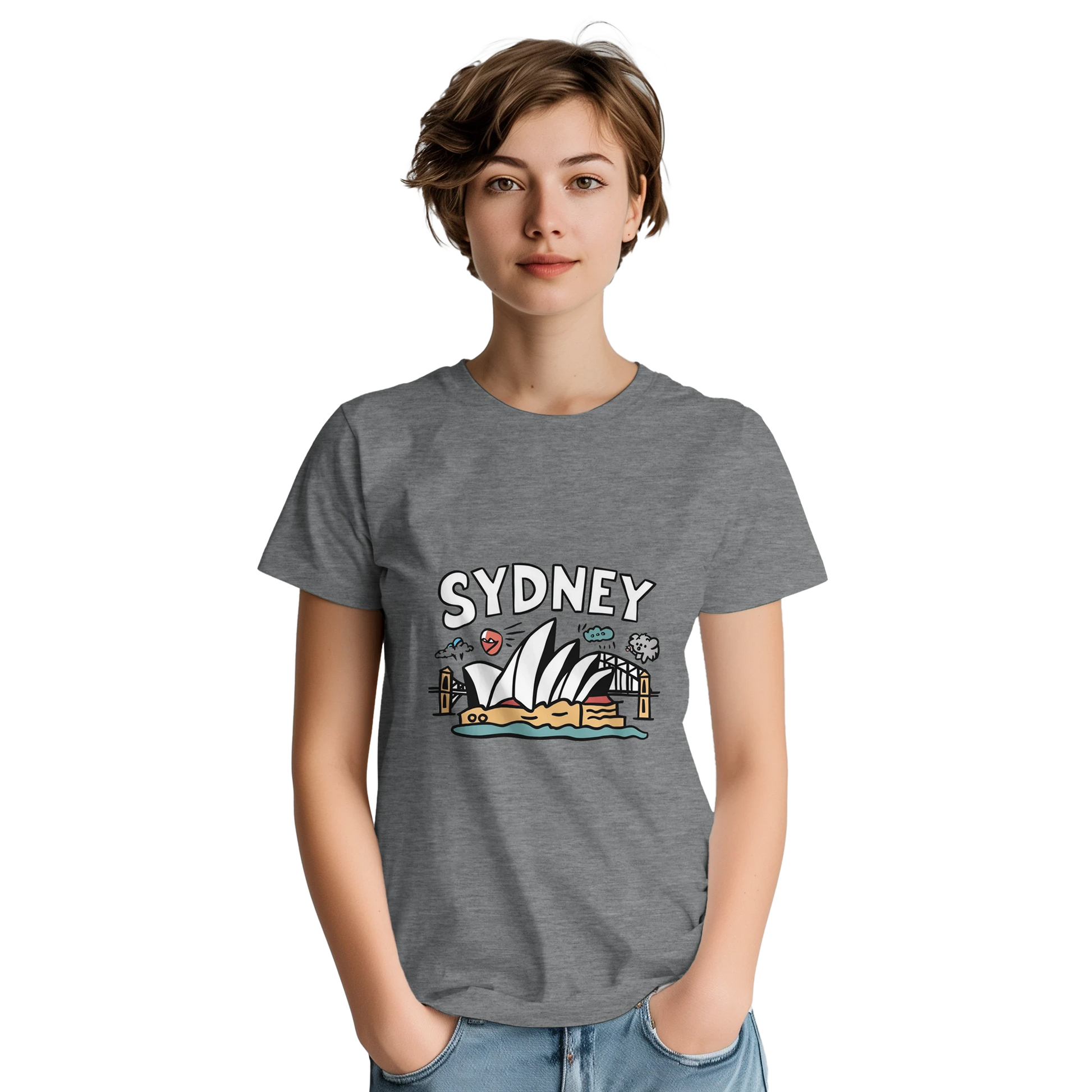 Sydney Australia Unisex Travel T-Shirt on wooden background with world map, passport, and boarding pass