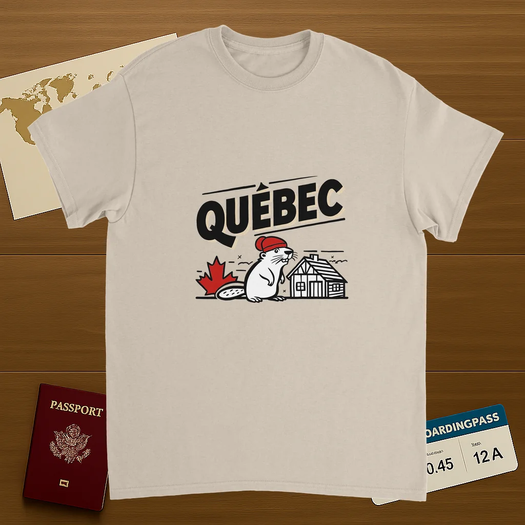 Quebec Canada Unisex Travel T-Shirt on wooden background with world map, passport, and boarding pass