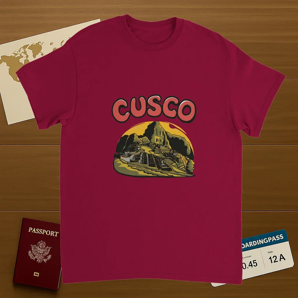 cardinal red Cusco Peru Unisex Travel T-Shirt on wooden background with world map, passport, and boarding pass