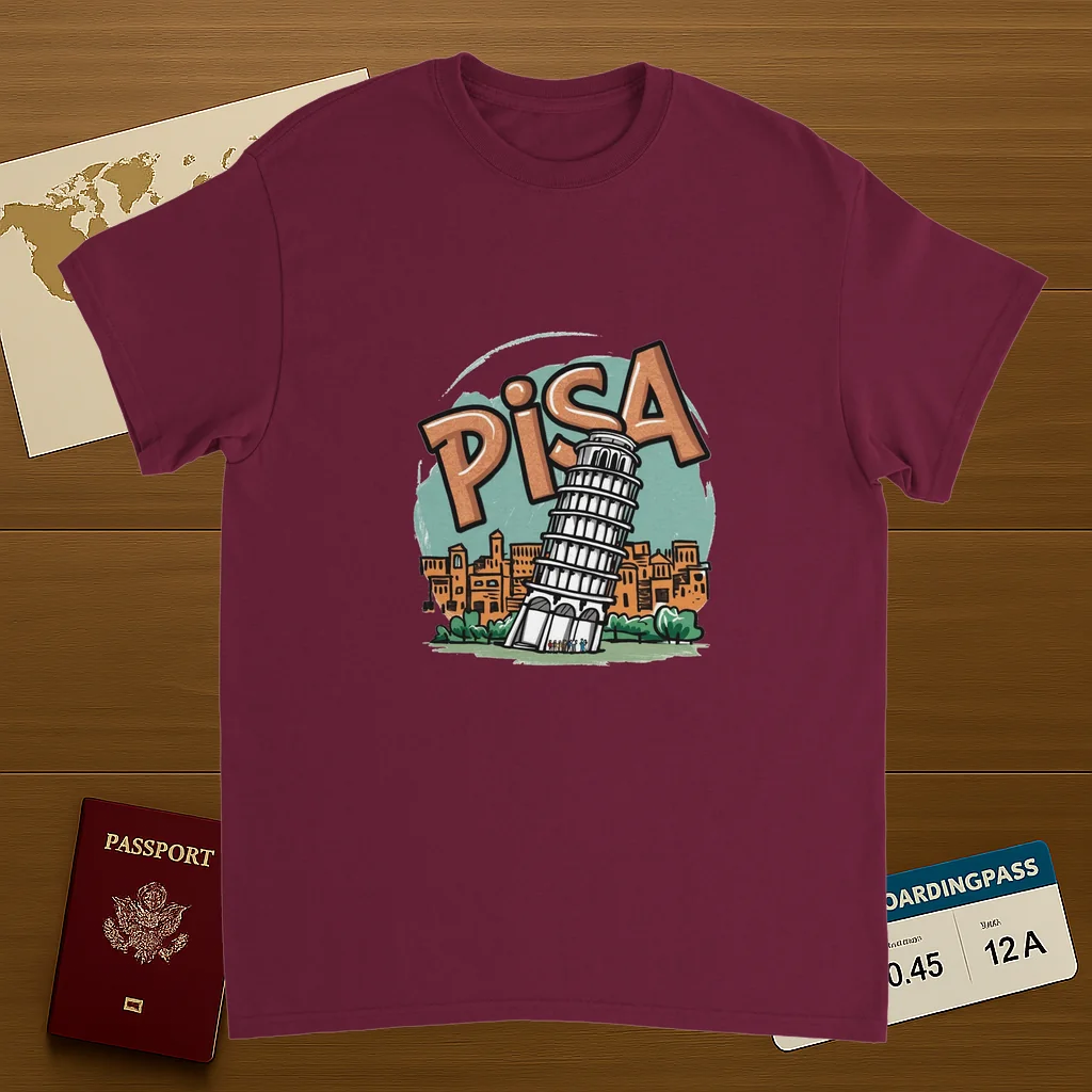 Pisa Italy Unisex Travel T-Shirt on wooden background with world map, passport, and boarding pass